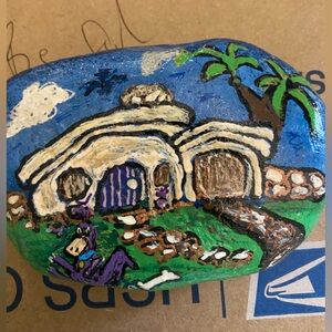 Hand-Painted Decorative Stone with House Scene